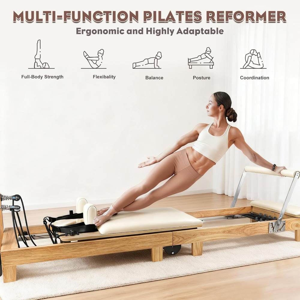Pilates Reformer Spring - 94,5 Zoll faltbarer Pilates-Reformer aus Holz